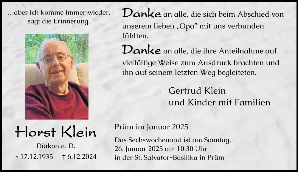  Traueranzeige für Horst Klein vom 18.01.2025 aus trierischer_volksfreund