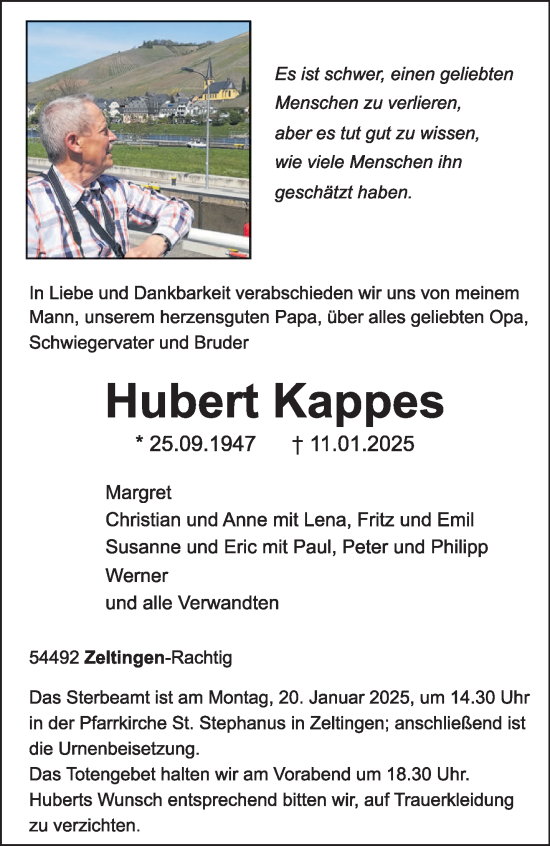 Traueranzeige von Hubert Kappes von trierischer_volksfreund