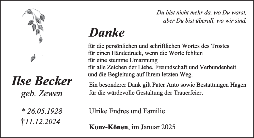  Traueranzeige für Ilse Becker vom 11.01.2025 aus trierischer_volksfreund
