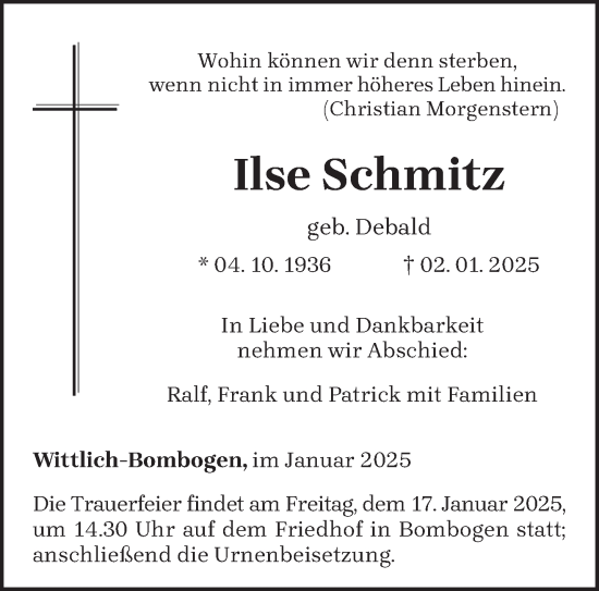 Traueranzeige von Ilse Schmitz von trierischer_volksfreund