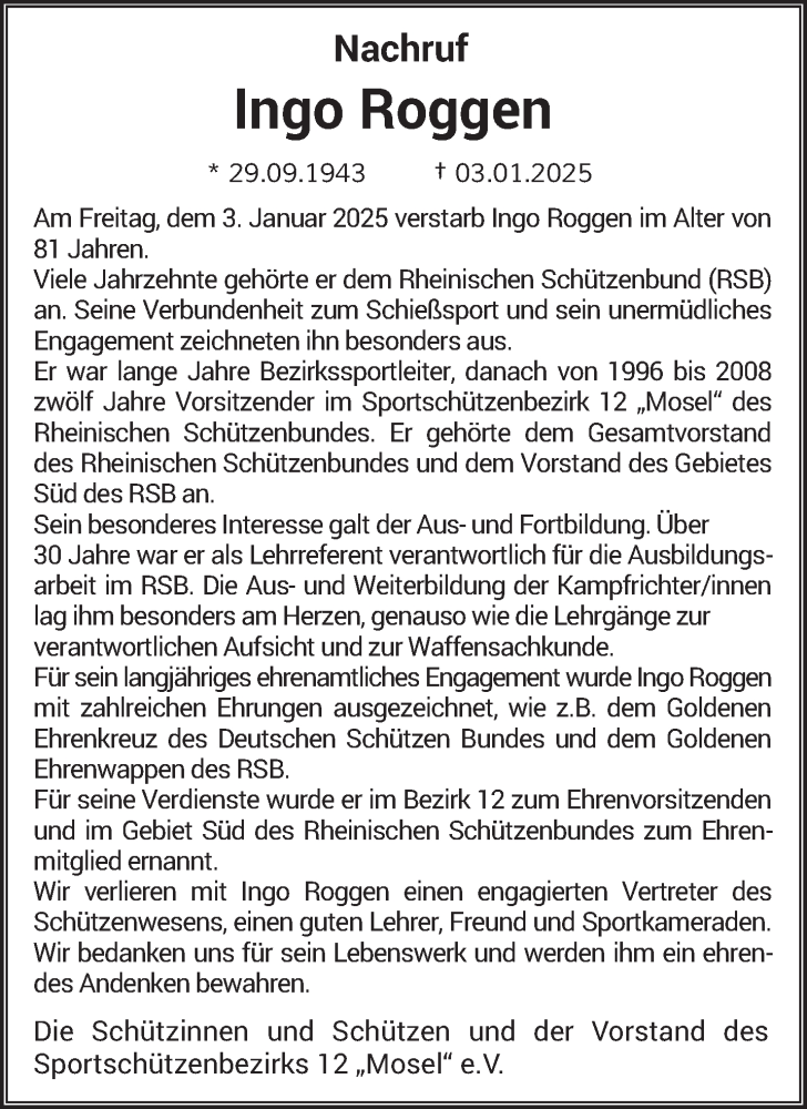  Traueranzeige für Ingo Roggen vom 27.01.2025 aus trierischer_volksfreund