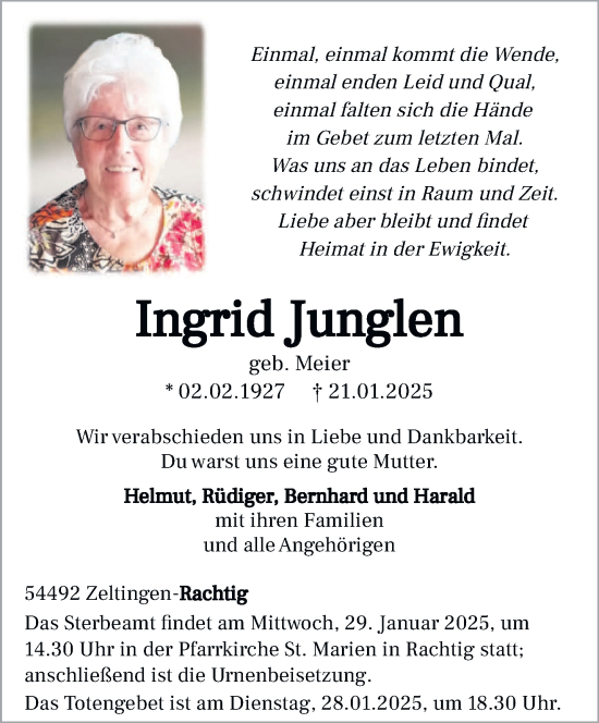 Traueranzeige von Ingrid Junglen von trierischer_volksfreund