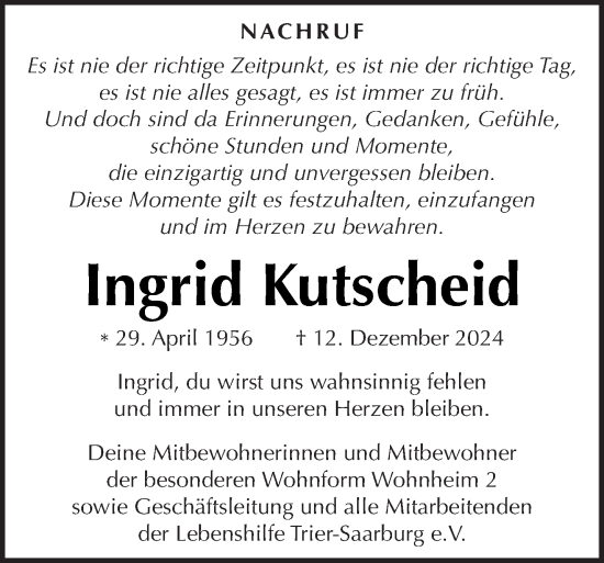 Traueranzeige von Ingrid Kutscheid von trierischer_volksfreund