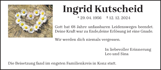 Traueranzeige von Ingrid Kutscheid von trierischer_volksfreund