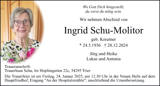 Traueranzeige von Ingrid Schu-Molitor von trierischer_volksfreund