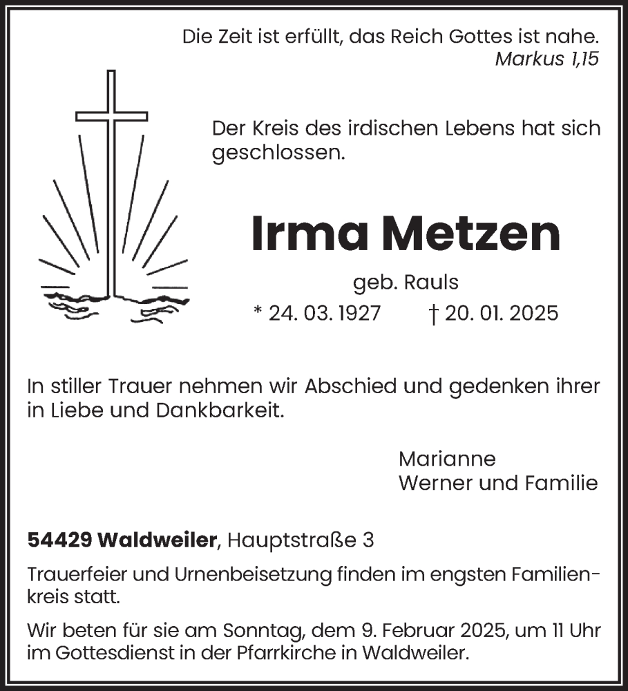  Traueranzeige für Irma Metzen vom 25.01.2025 aus trierischer_volksfreund