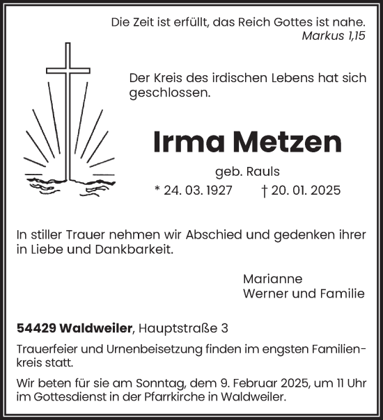 Traueranzeige von Irma Metzen von trierischer_volksfreund