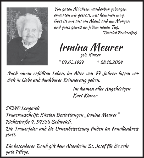 Traueranzeige von Irmina Meurer von trierischer_volksfreund