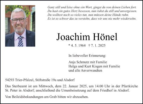 Traueranzeige von Joachim Hönel von trierischer_volksfreund