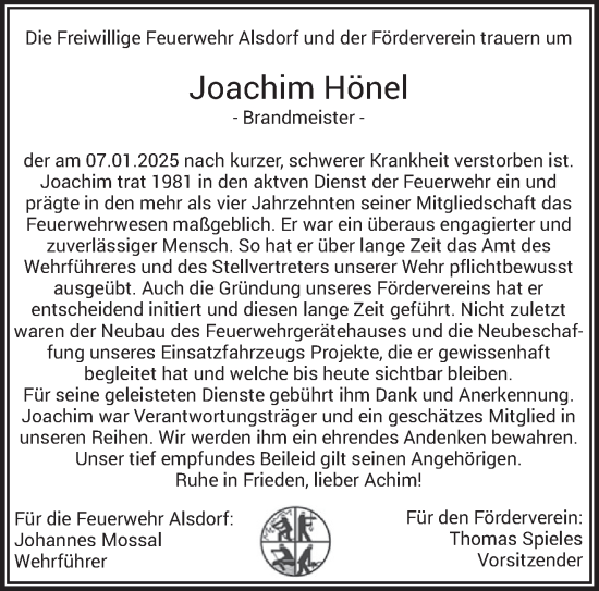 Traueranzeige von Joachim Hönel von trierischer_volksfreund