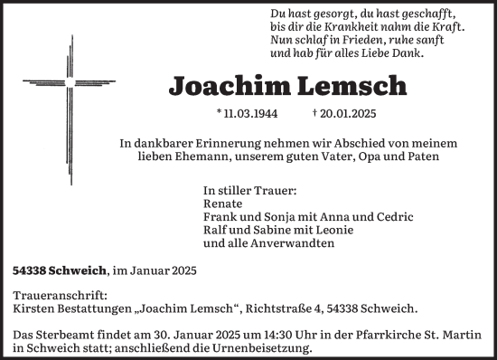 Traueranzeige von Joachim Lemsch von trierischer_volksfreund