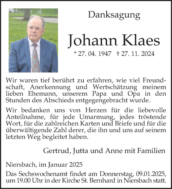 Traueranzeige von Johann Klaes von trierischer_volksfreund