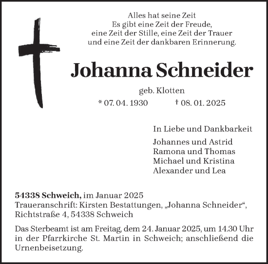 Traueranzeige von Johanna Schneider von trierischer_volksfreund