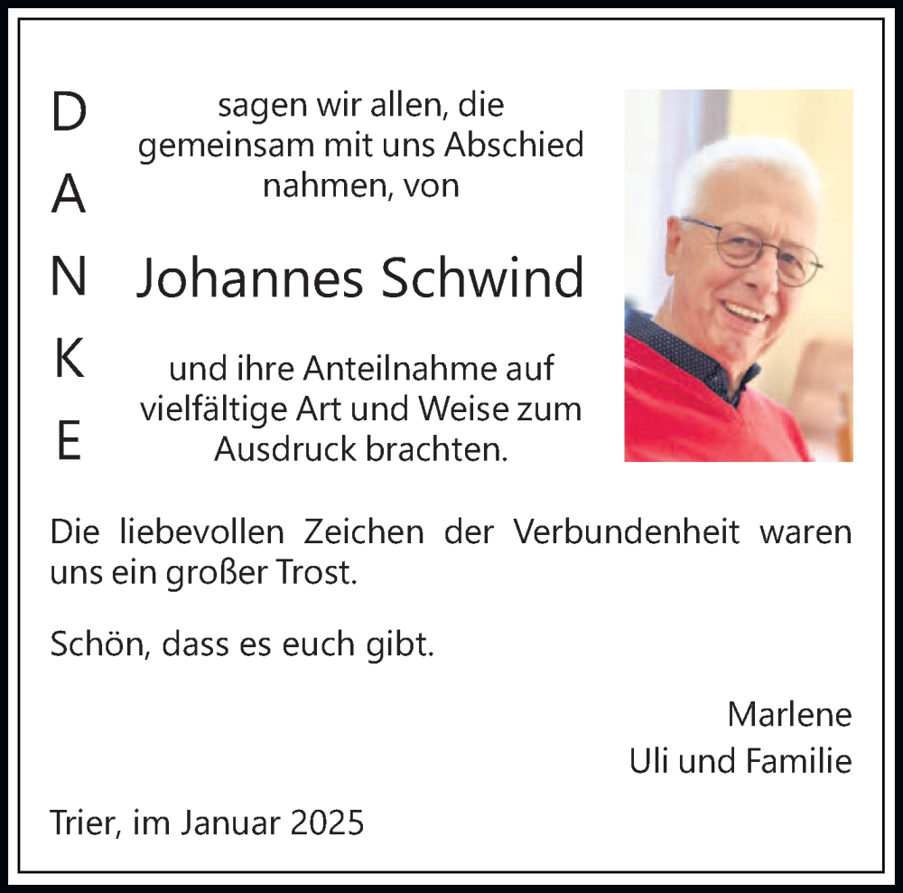  Traueranzeige für Johannes Schwind vom 25.01.2025 aus trierischer_volksfreund
