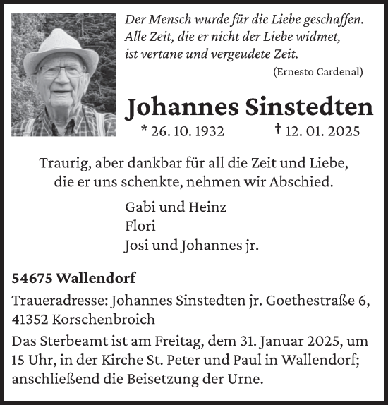 Traueranzeige von Johannes Sinstedten von trierischer_volksfreund