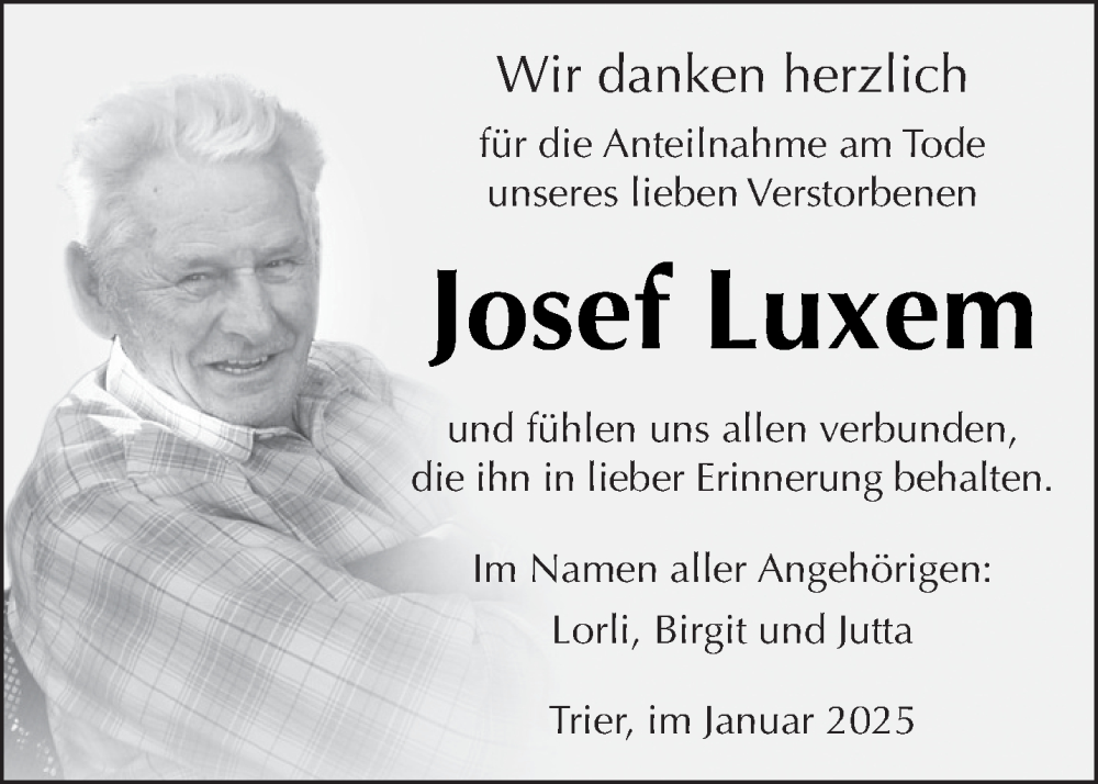  Traueranzeige für Josef Luxem vom 18.01.2025 aus trierischer_volksfreund
