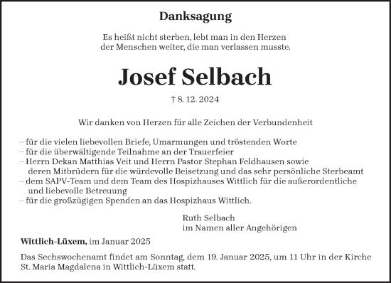 Traueranzeige von Josef Selbach von trierischer_volksfreund