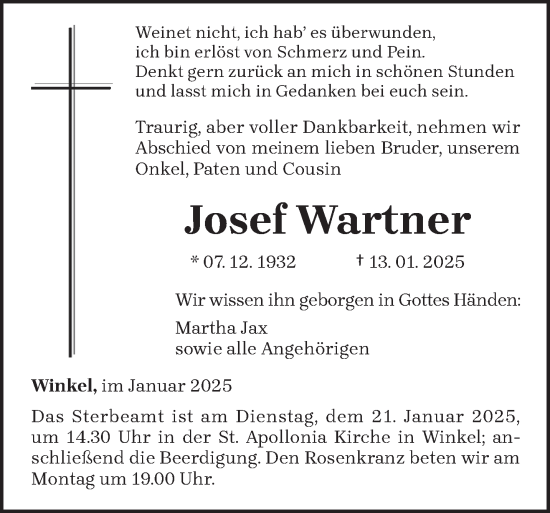 Traueranzeige von Josef Wartner von trierischer_volksfreund