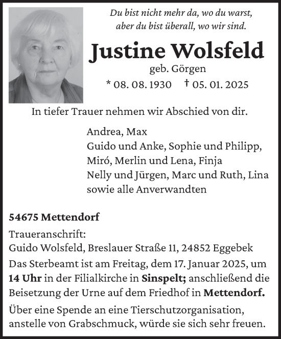 Traueranzeige von Justine Wolsfeld von trierischer_volksfreund