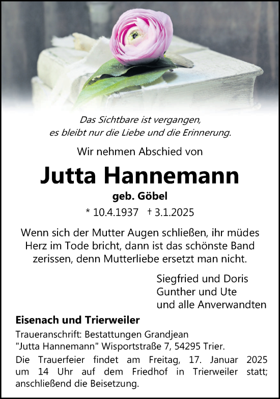 Traueranzeige von Jutta Hannemann von trierischer_volksfreund