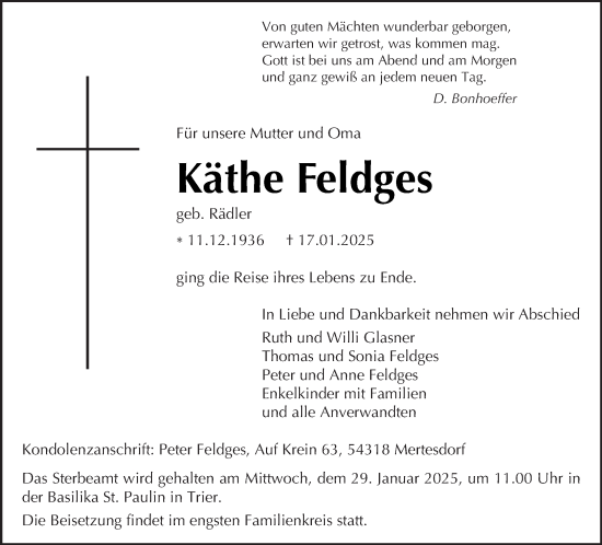 Traueranzeige von Käthe Feldges von trierischer_volksfreund