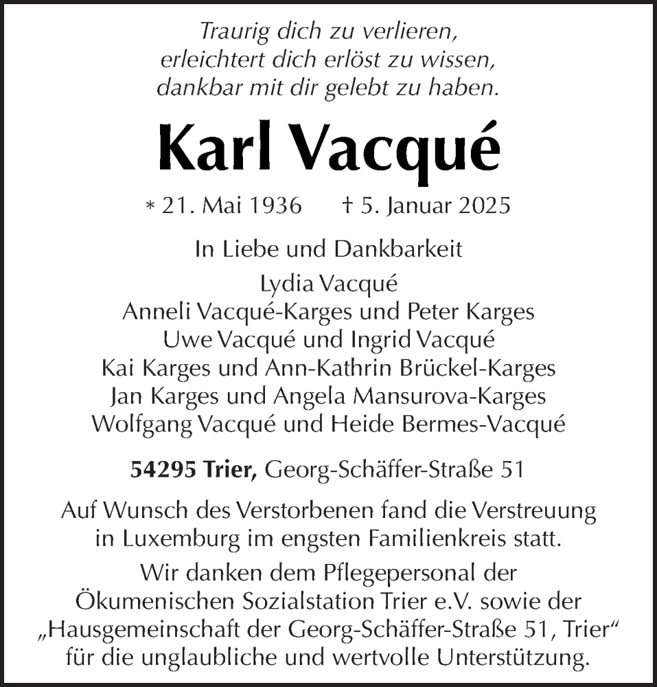  Traueranzeige für Karl Vacqué vom 18.01.2025 aus trierischer_volksfreund
