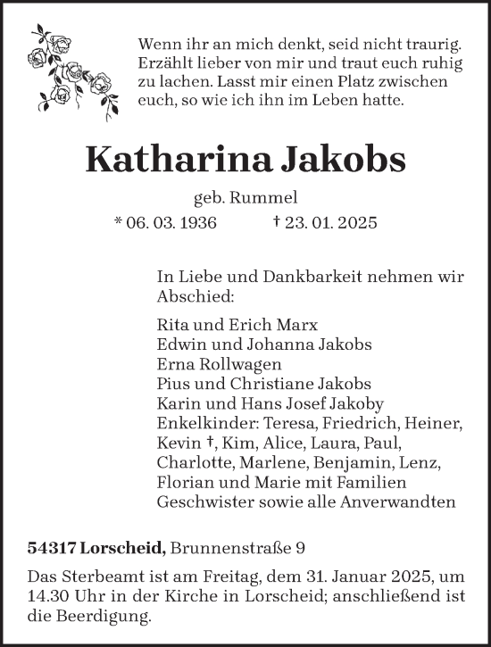 Traueranzeige von Katharina Jakobs von trierischer_volksfreund