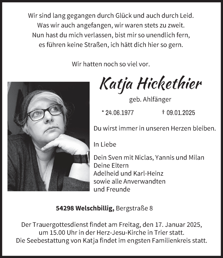  Traueranzeige für Katja Hickethier vom 15.01.2025 aus trierischer_volksfreund