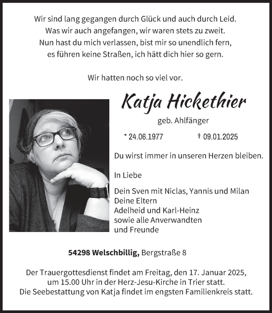 Traueranzeige von Katja Hickethier von trierischer_volksfreund