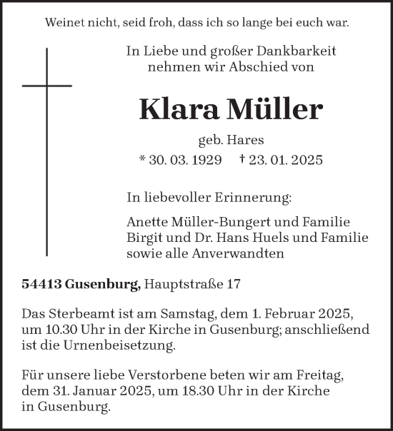 Traueranzeige von Klara Müller von trierischer_volksfreund