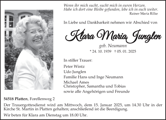 Traueranzeige von KlaraMaria Junglen von trierischer_volksfreund