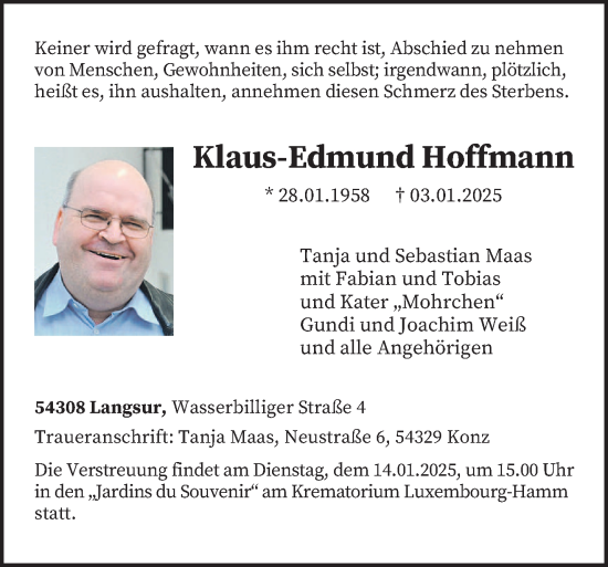 Traueranzeige von Klaus-Edmund Hoffmann von trierischer_volksfreund