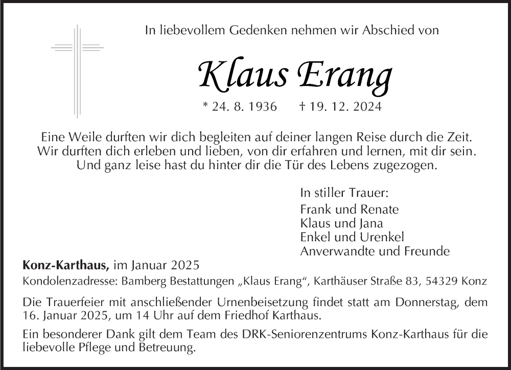  Traueranzeige für Klaus Erang vom 11.01.2025 aus trierischer_volksfreund