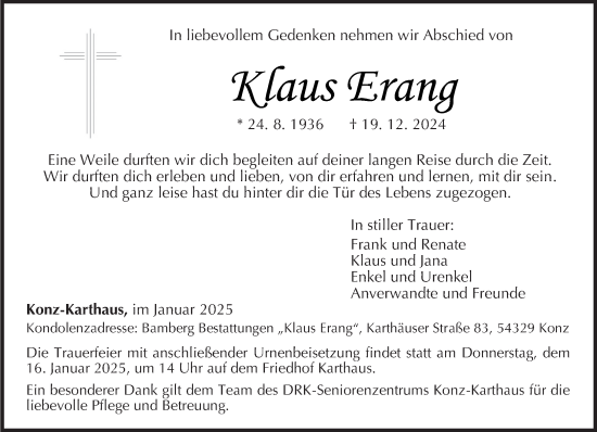 Traueranzeige von Klaus Erang von trierischer_volksfreund