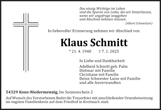 Traueranzeige von Klaus Schmitt von trierischer_volksfreund