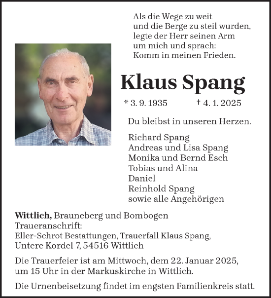 Traueranzeige von Klaus Spang von trierischer_volksfreund