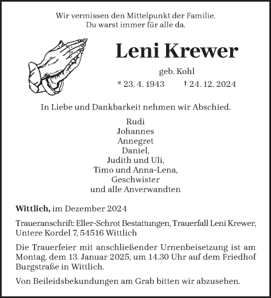 Traueranzeige von Leni Krewer von trierischer_volksfreund