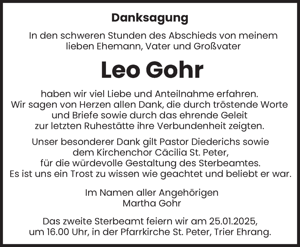  Traueranzeige für Leo Gohr vom 22.01.2025 aus trierischer_volksfreund