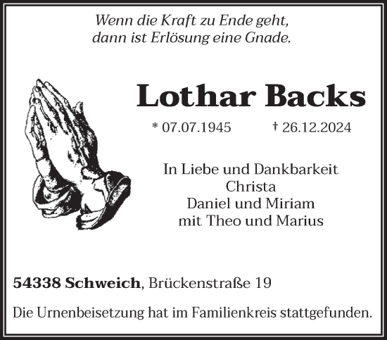 Traueranzeige von Lothar Backs von trierischer_volksfreund