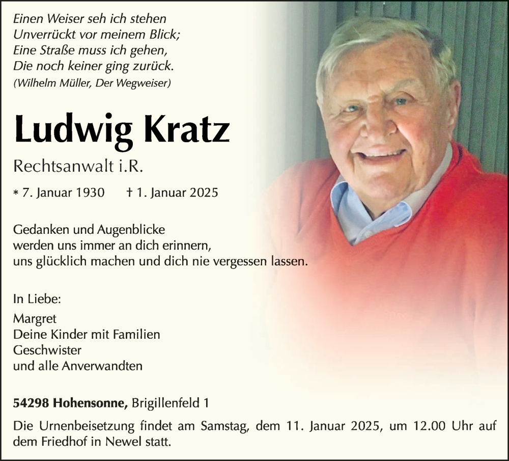  Traueranzeige für Ludwig Kratz vom 08.01.2025 aus trierischer_volksfreund