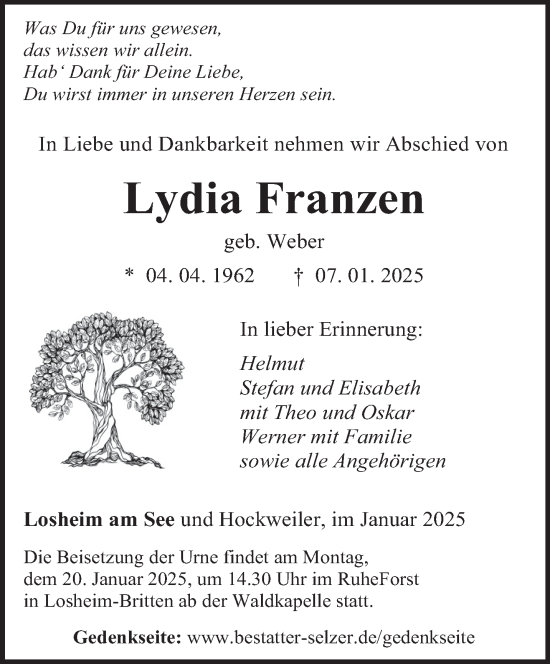 Traueranzeige von Lydia Franzen von trierischer_volksfreund