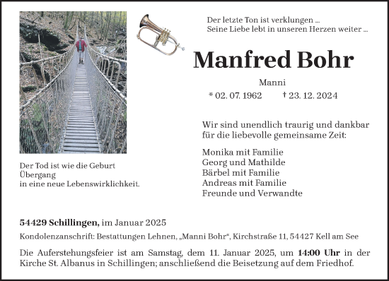 Traueranzeige von Manfred Bohr von trierischer_volksfreund