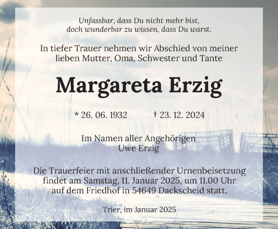 Traueranzeige von Margareta Erzig von trierischer_volksfreund