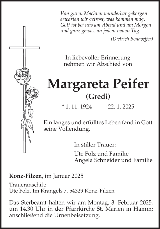 Traueranzeige von Margareta Peifer von trierischer_volksfreund