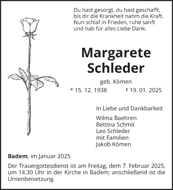 Traueranzeige von Margarete Schleder von trierischer_volksfreund