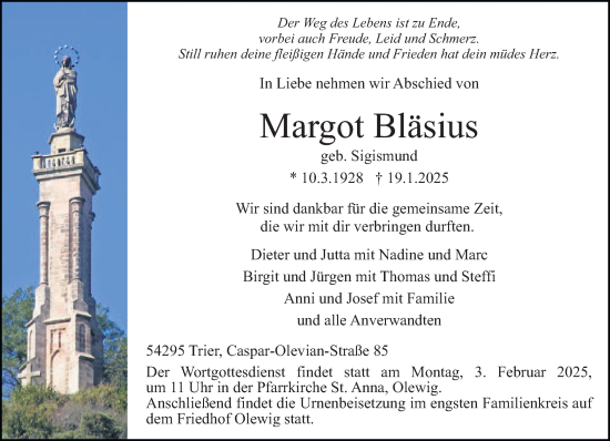 Traueranzeige von Margot Bläsius von trierischer_volksfreund