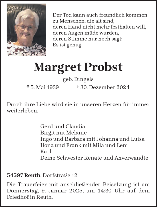 Traueranzeige von Margret Probst von trierischer_volksfreund