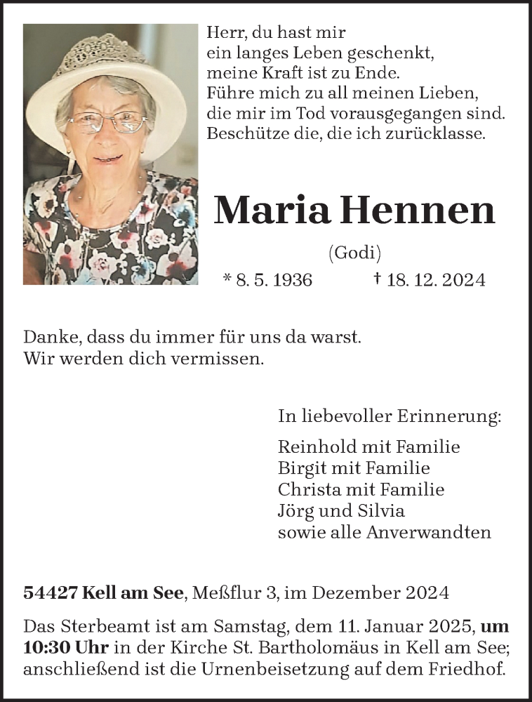  Traueranzeige für Maria Hennen vom 08.01.2025 aus trierischer_volksfreund