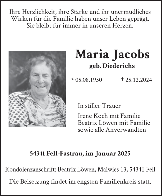 Traueranzeige von Maria Jacobs von trierischer_volksfreund