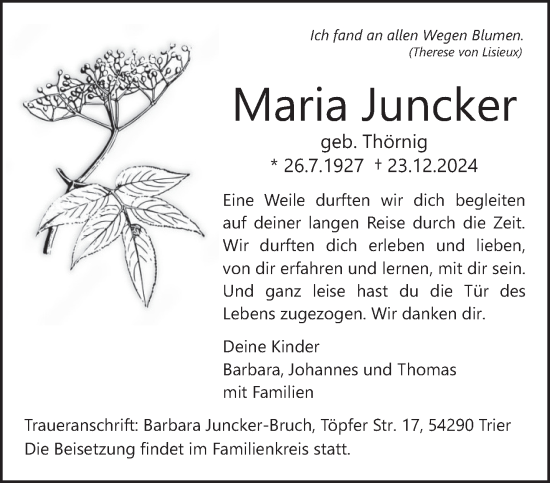 Traueranzeige von Maria Juncker von trierischer_volksfreund